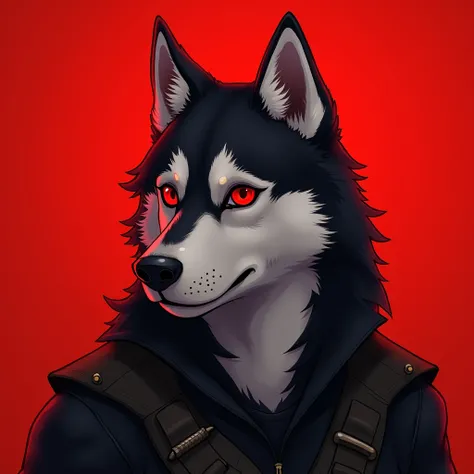 husky with red eyes,army,red background