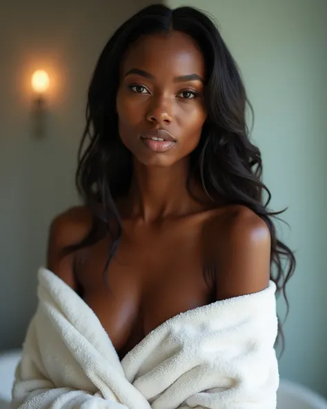 An Afro-American woman with smooth dark skin and sleek, wet black hair, standing in a modern bathroom, sexy pose. The scene is steamy, with soft lighting highlighting her glowing skin. She is wrapped in a luxurious white towel, with a serene and empowering...