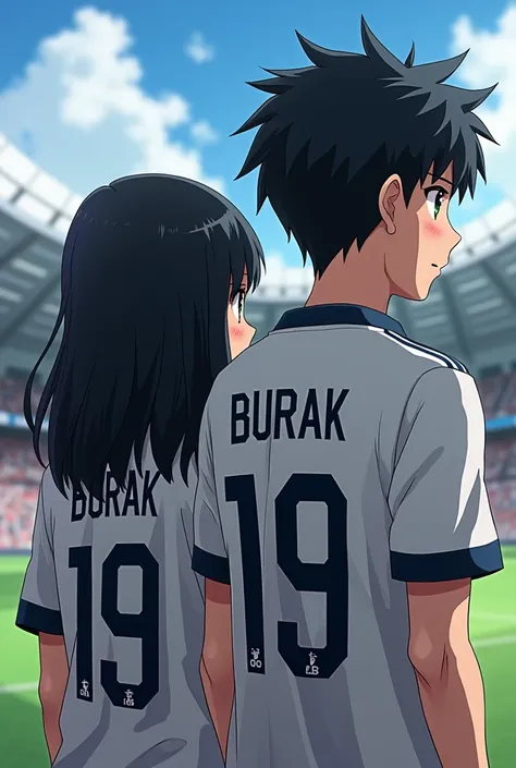  there are two people facing behind .  on the right side there is a boy .  the boy is thin with black hair and on the top is fenerbahçe form there is. on the left side there is a girl .  the girl has black hair on the base has a fenerbahçe jersey .  the gi...