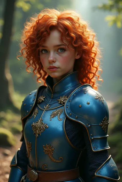 Curly red-haired girl, wearing medieval blue armor full of beautiful details in the light fantasy design style mixed with a readdead footprint in nature