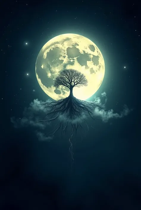 Realistic bright full moon.
In the moon is a smaller tree of life.
Stars,flash wind around 