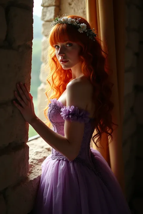 Award-winning photography, realistic erotic photography, fantasy art, stunning young woman, redhead, very long hair in voluminous curls the color of fire, thick bangs, flower crown in her hair, medieval princess of unparalleled beauty, seductive, lasciviou...