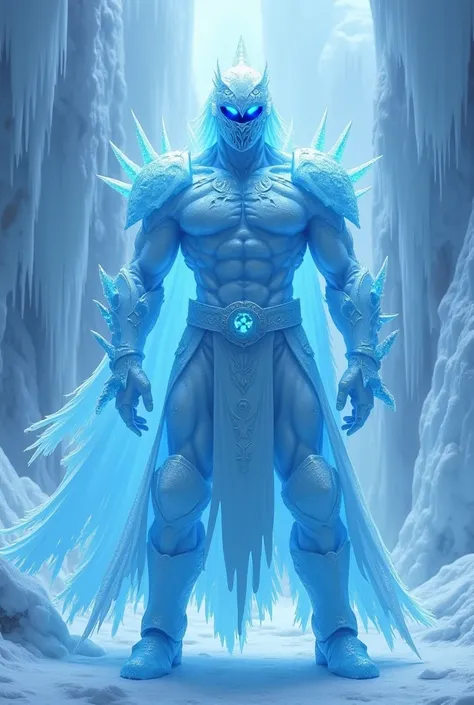 Create Yu-Gi-Oh style a humanoid made of ice with a blue mask on the mouth with intense matte blue eyes with a blue cape with white armor made of ice with blue runes in an ice sanctuary 