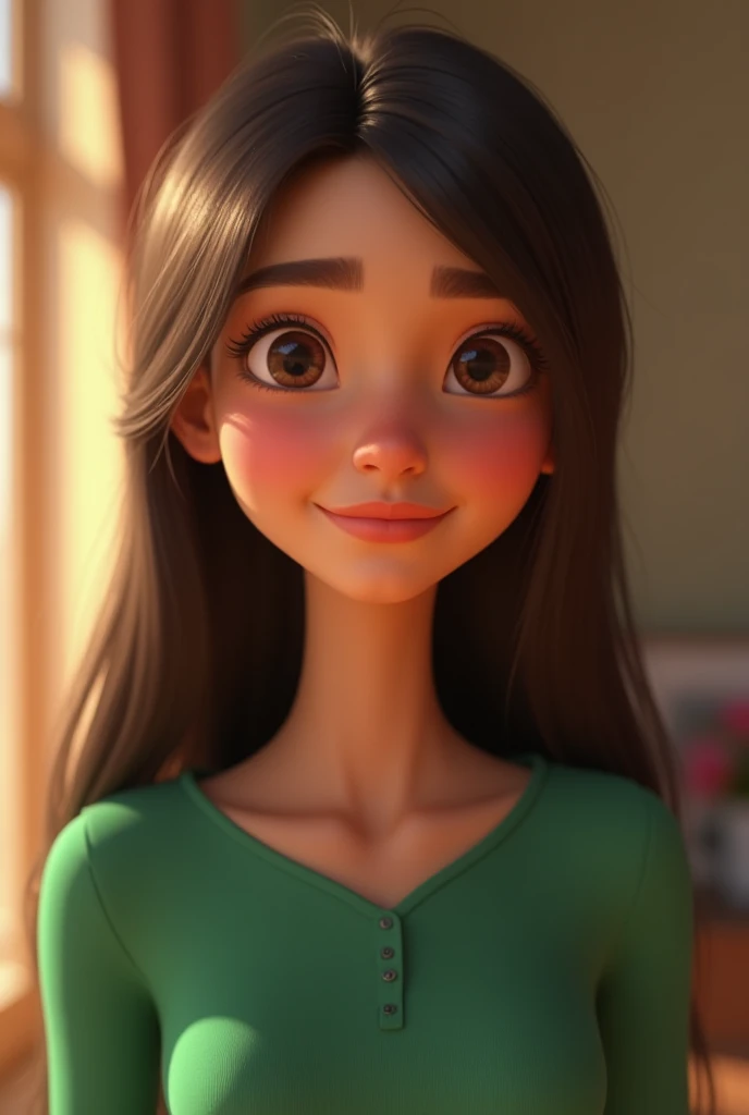  A 28-year-old woman with brown eyes , The hair between brown and black a beautiful face thin lips with a beautiful smile that wears a green shirt, small eyes small nose ,  Long straight hair , In the background say the word ASMR.  Disney Pixar style 3d