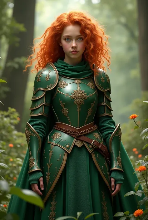 Curly red-haired girl, wearing medieval green armor filled with beautiful details in the light fantasy design style mixed with a readdead footprint in nature