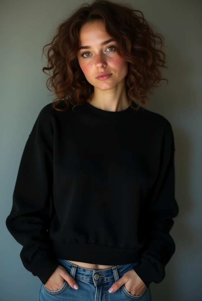 Caucasian girl with freckles and curly brown hair, hazel eyes, a black sweater and jeans with a well-developed body 