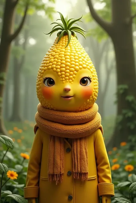 A cute  with realistic corn fruit head with scarf and yellow clothes in the forest 