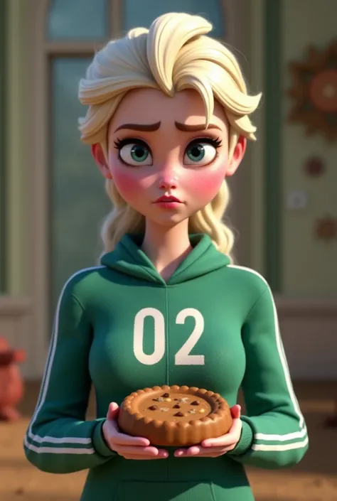 Elsa de Frozen,  with big boobs and dressed in a green sweatshirt and white stripes with the number 02.  with a frustrated face, very angry.  With a round cookie in her hands with an umbrella drawn .   at a ren's park , with sand on the floor in a room . d...