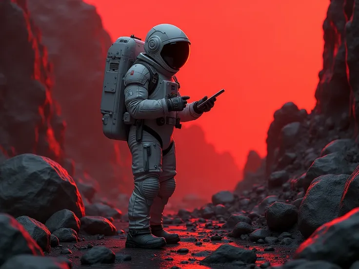 Astronaut touching the cell phone, red and black tint, Showing a lot of rocks and so on