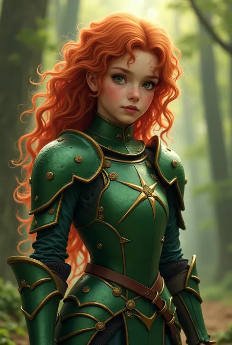 Curly red-haired girl, wearing medieval green armor full of beautiful details in the light fantasy design style mixed with a readdead footprint in nature without being realism 