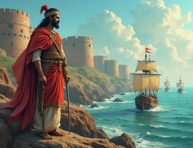 Main Point: the man with muscle Shivaji built one of the first naval forces in Indian history.
Key Details: Fortified the coastline with Sindhudurg and Vijaydurg forts.
Visuals: Ships, fortifications, and coastal defense animations.