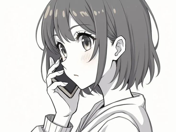 a cute woman with short hair with bangs wearing normal clothes standing while holding a cell phone to her ear from the side close up manga sketch style
