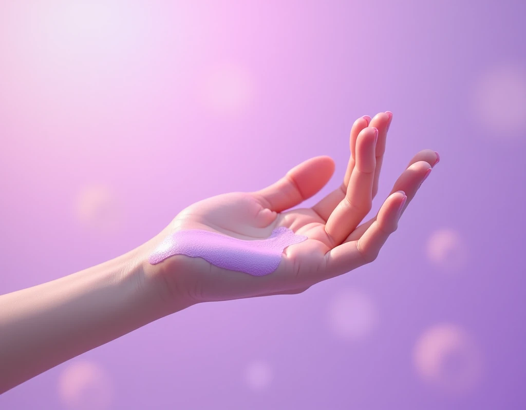 light purple sunscreen on hand,purple background 