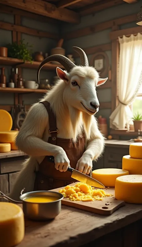 Gus, a stout goat with a shaggy coat and a wide smile, works in a rustic kitchen surrounded by wheels of enchanted cheese that glow faintly. He stands at a weathered table, carefully slicing a golden wheel of cheese with a knife that hums softly with magic...