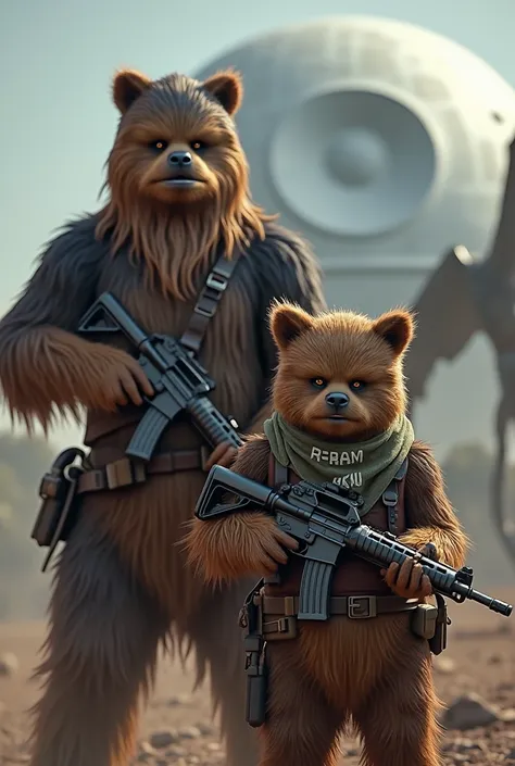 Un Ewok et un wookiee avec des FAMAS et des bandeaux texte "RKN" devant l'étoile noire et un dragon