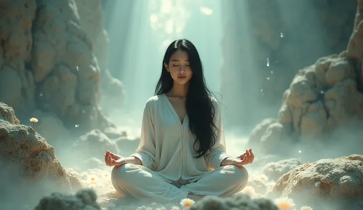 give me 4 pictures to a meditation video, create realistic and ultra high resolution images in dramatic photo realism style, a very beautiful 20 year old Thai girl, bright white face,beautiful with black hair meditating. He was wearing a ligth clothes in l...