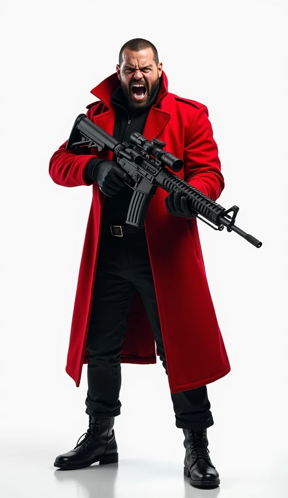 man expressing anger in guard pose, dressed in a red overcoat, black pants and black tactical boots, holding a rifle, white background