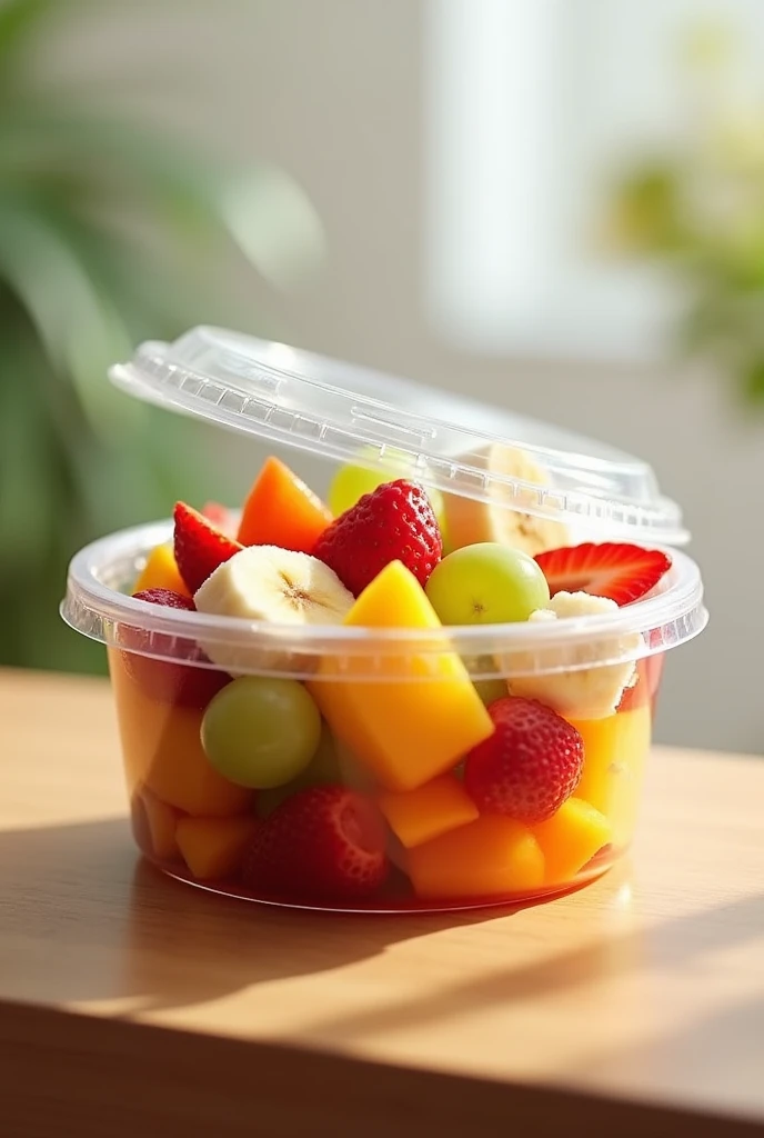  A realistic fruit salad in a round transparent plastic container with a sealed lid .  The salad includes freshly cut fruit ,  like bananas , grapes, Strawberries, mangoes and papayas ,  naturally arranged and lightly immersed in juice .  The container has...