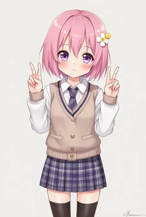 ph momo, mother, phmomo, Alone , 1 girl,   pink hair,  purple eyes,  short hair,  hair flower, knitted vest,  school uniform,  big eyes,  plaid skirt,  tall black stockings ,Making a sign of peace, ashamed