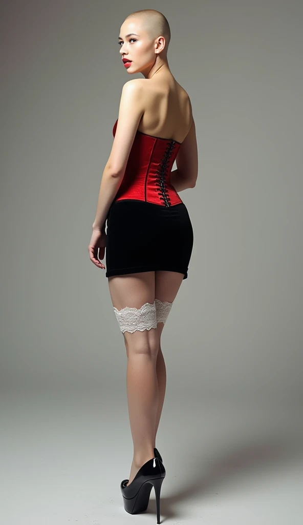 Young white girl standing in a studio. she is wearing a red corset and a black tight velvet miniskirt. she has a bald head, short white lace stockings and black stilettos heels with high soles. she has wide hips and big breasts. She stands with her back, l...