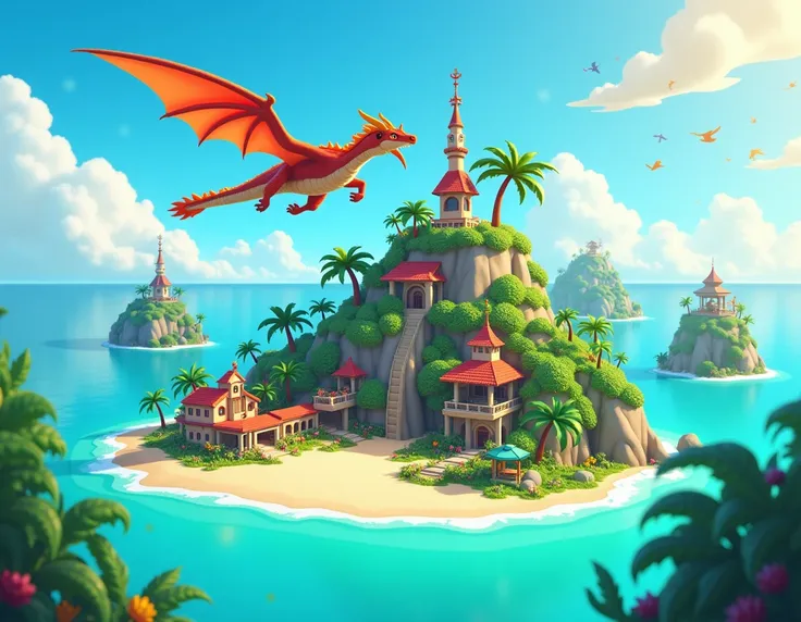 island and a dragon flying in the background in roblox cartoony style