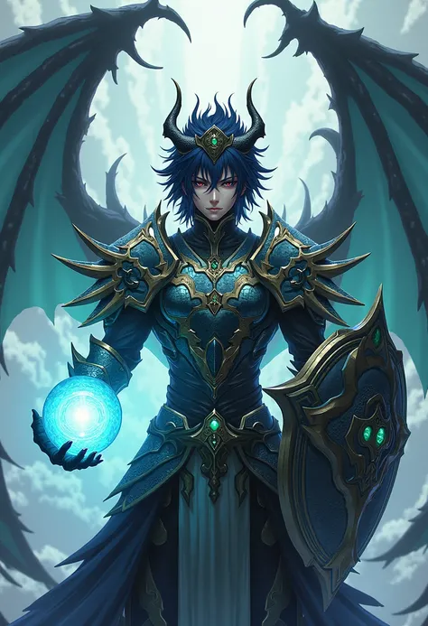  Medium-length dark blue hair with a messy design that suggests power 

The eyes :  sharingan touches, which enhances the character. .

 A royal crown decorated with dragon horns, symbolizing power and control . The nine-color armor with glowing icy touche...