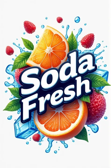 Hello, I need a logo that says soda fresh, imagine that you are a designer who is an expert in logos, that the logo has fruits, that has ice and bright colors. 