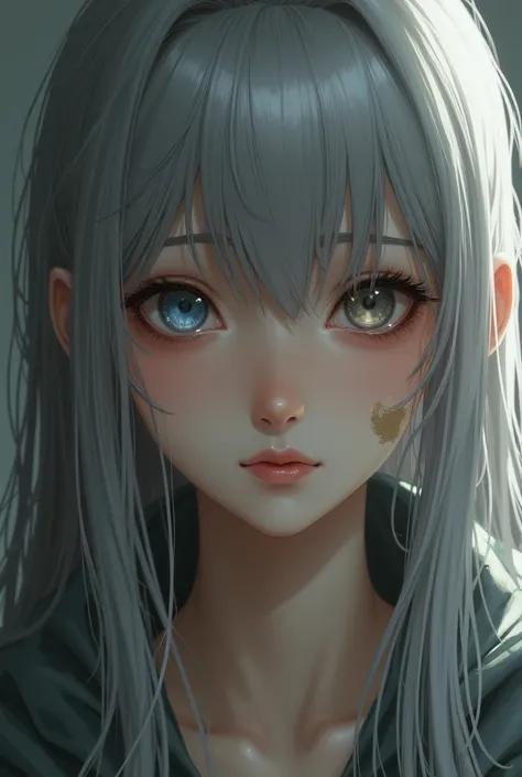 face close up, girl with long grey hair, light sad smile, eyes of different colours one blue, the second dull white, beige patch on cheek, both eyes glassy, ​​emotion of sadness and despair