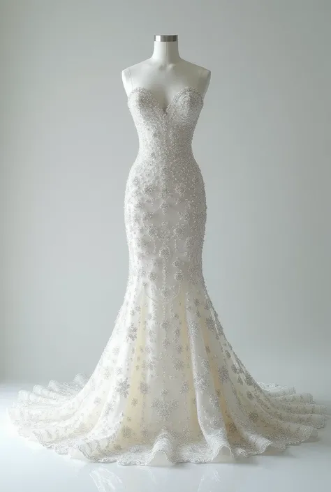 Draw a white wedding dress without sleeves and long and encrusted with diamonds 