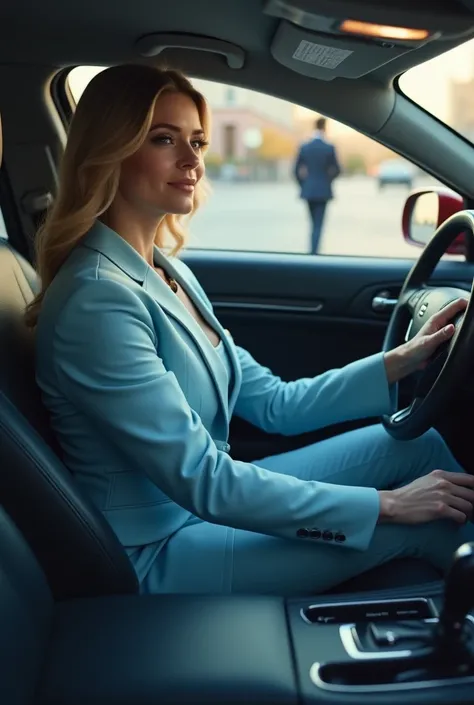 A tall fair lady on a light blue professional suit and shoe in a car driving home after work and her husband waiting to embrace her at her arrival.