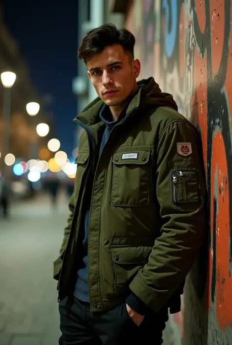 A 22-year-old man with broad shoulders and muscular build wearing an olive green padded jacket, dark cargo pants Carhartt . Dark hair low fade cut dark color well-marked masculine features .  blue eyes. imposing. retrato. Urbano. city. In a corner of the p...