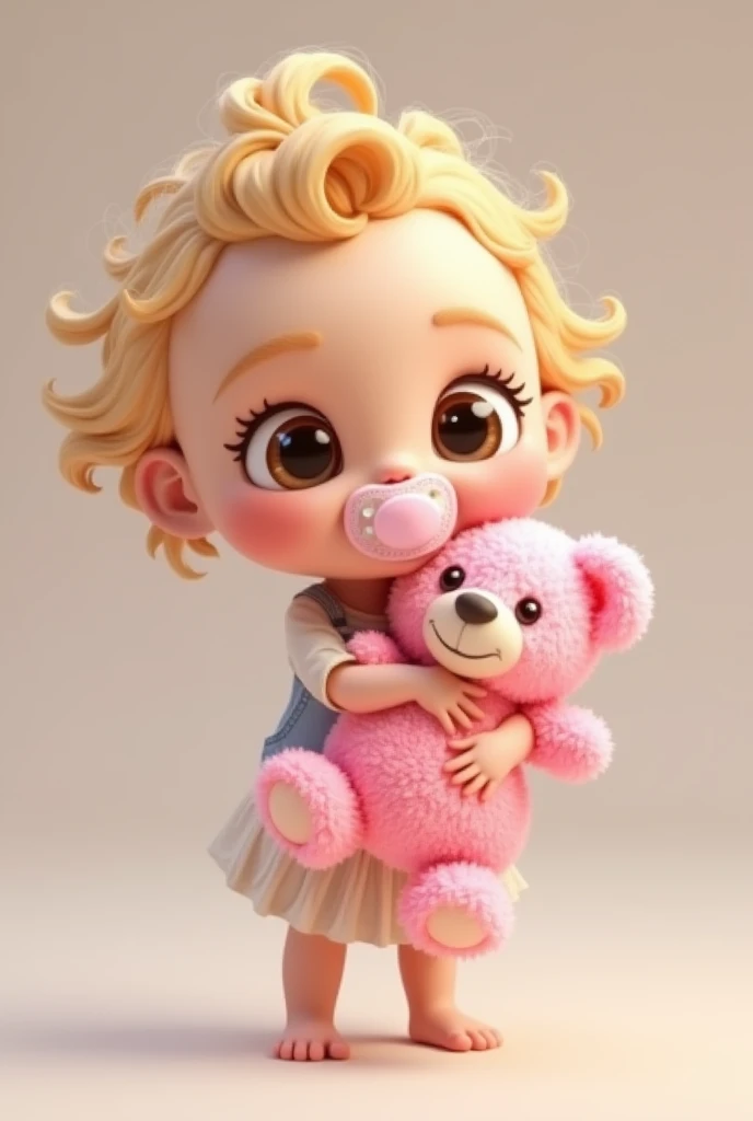 Create for me in animated format, A  , she is standing,  she is a little blonde and the ends of her hair are curly, She is white,  has brown eyes , and uses a pacifier .  She's hugged with a pink teddy bear. 