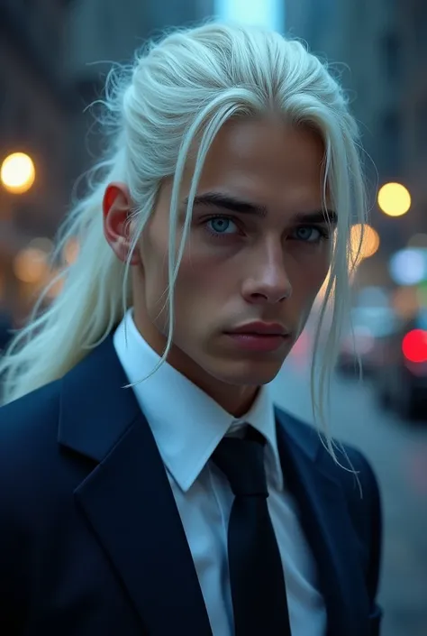 (photorealism:1.2), young man with White Long hair ponytail hairstyle and blue eyes give him a focused , determined expression , wearing navy blue suit with White shirt and black tie , the background appears to be city in night. The mood of the image is on...