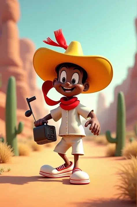 A 3D rendering of a Speedy Gonzales mouse character (from the Looney Tunes series), He is wearing a large yellow ranch hat, a white shirt, and white shorts. He has a red scarf in his hand, his skin is dark and he is holding a radio with a musical note. The...