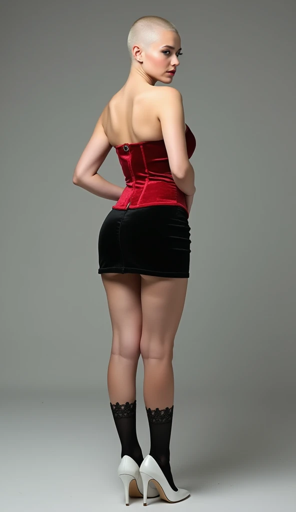 Young white girl standing in a studio. she is wearing a red corset and a black tight velvet miniskirt. she has a bald head, short black lace socks and white stilettos heels with high soles. she has wide hips and big breasts. She stands with her back, legs ...