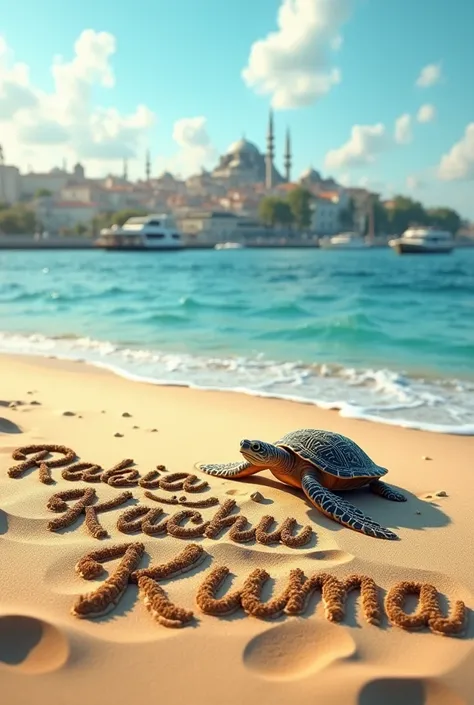 Rabia kachu kuma name on beach and turtle near the name and Istanbul city