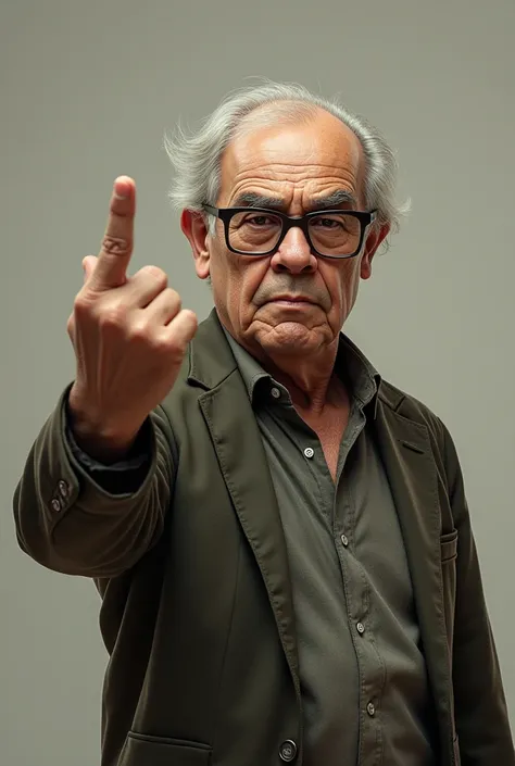 Make an image of a grandfather with Down Syndrome making a middle finger