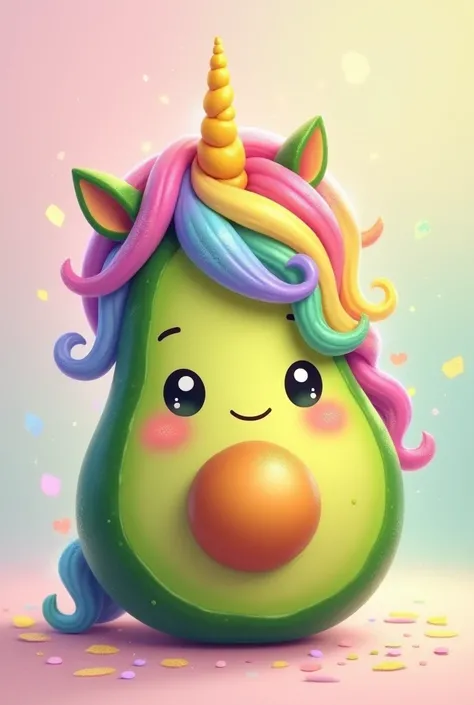 Design of a cute avocado with unicorn hair on the head