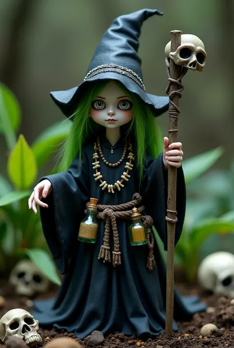  create the image of a necromous gnome Small with pale skin and green hair. She has bright, white eyes.,  radiating a dark and magical domain .  Her black robe is adorned with silver ,  creating a mystical and threatening aura .  A necklace made of small b...