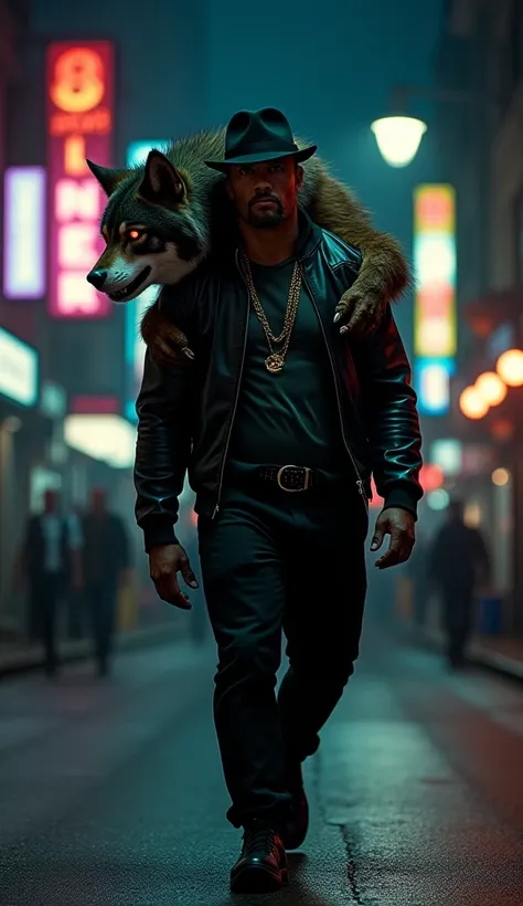 "Create an ultra-realistic 8K image of 'The Rock' walking confidently down a dimly lit street in the US at night, dressed in a stylish gangster-inspired outfit with a dark leather jacket, chains, and a fedora tilted to the side. On his back clings a hybrid...