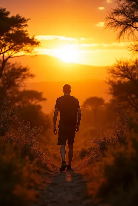 A photo of an man walking into the sunset in south african bush
