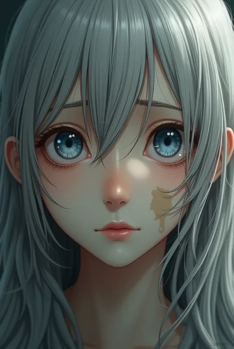 face close up, girl with long grey hair, light sad smile, eyes of different colours one blue, the second dull white, beige patch on cheek, both eyes glassy, ​​emotion of sadness and despair