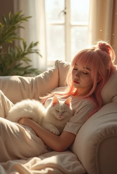 in the room, there is bright sunshine, and light snow is falling outside the window, a white cat is curled up and sleeping on a cute female AI musician who is lying down on a sofa, she is wearing casual nightwear and relaxing, long-length pink and blonde h...