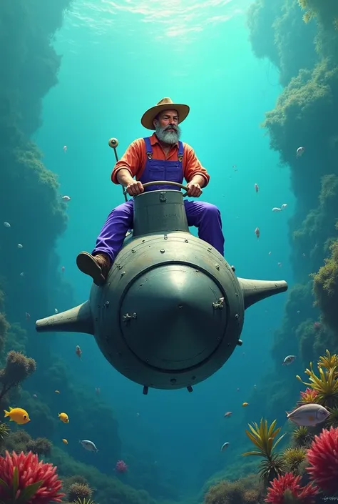 Farmer riding on submarine in purple overalls