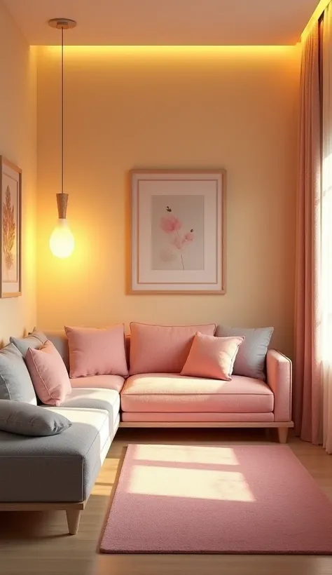 
small living room, with pink and gray sofa, yellow light