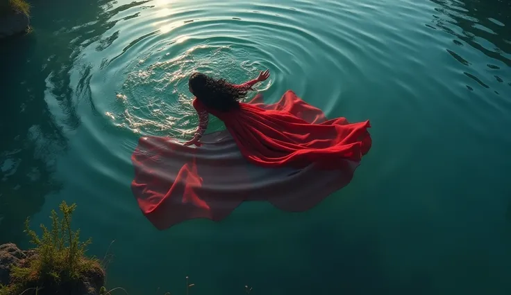 Beneath the calm and crystal clear surface of the lake, the Scarlet Witch swam gracefully, her movements fluid and easy. The water around him glowed with a subtle red light, reflecting the faint magical aura that radiated from him. Her red robe flowed like...