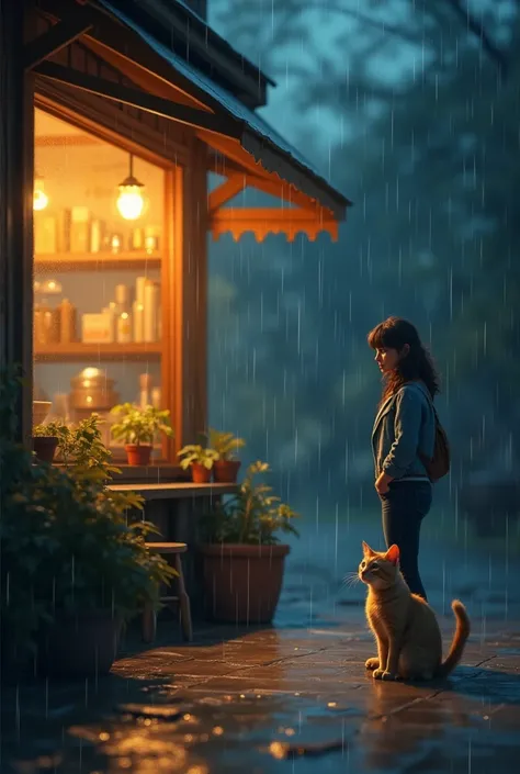 The Café Encounter
A small, cozy café glowing warmly in the rainy night. Through the foggy glass, a kind woman with a soft smile notices the stray cat outside. The cat sits cautiously in the rain, looking in with wide, pleading eyes.