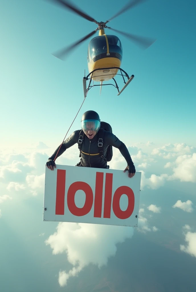 Create a video where there is a helicopter,And a person with a helmet jumps out of it with a sign with the words Lollo