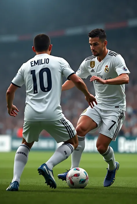 Football with two players together with the Real Madrid jersey that bear the name Emilio and that that player wears the number 10 and the other who wears the name daddy with the number 7