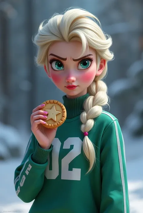 Elsa de Frozen, very pretty,with big breasts and dressed in a green sweatshirt and white stripes with the number 02.  with a frustrated face, very angry.And a hand on my face. With a round cookie in your hands with a star drawn in the middle of the cookie....